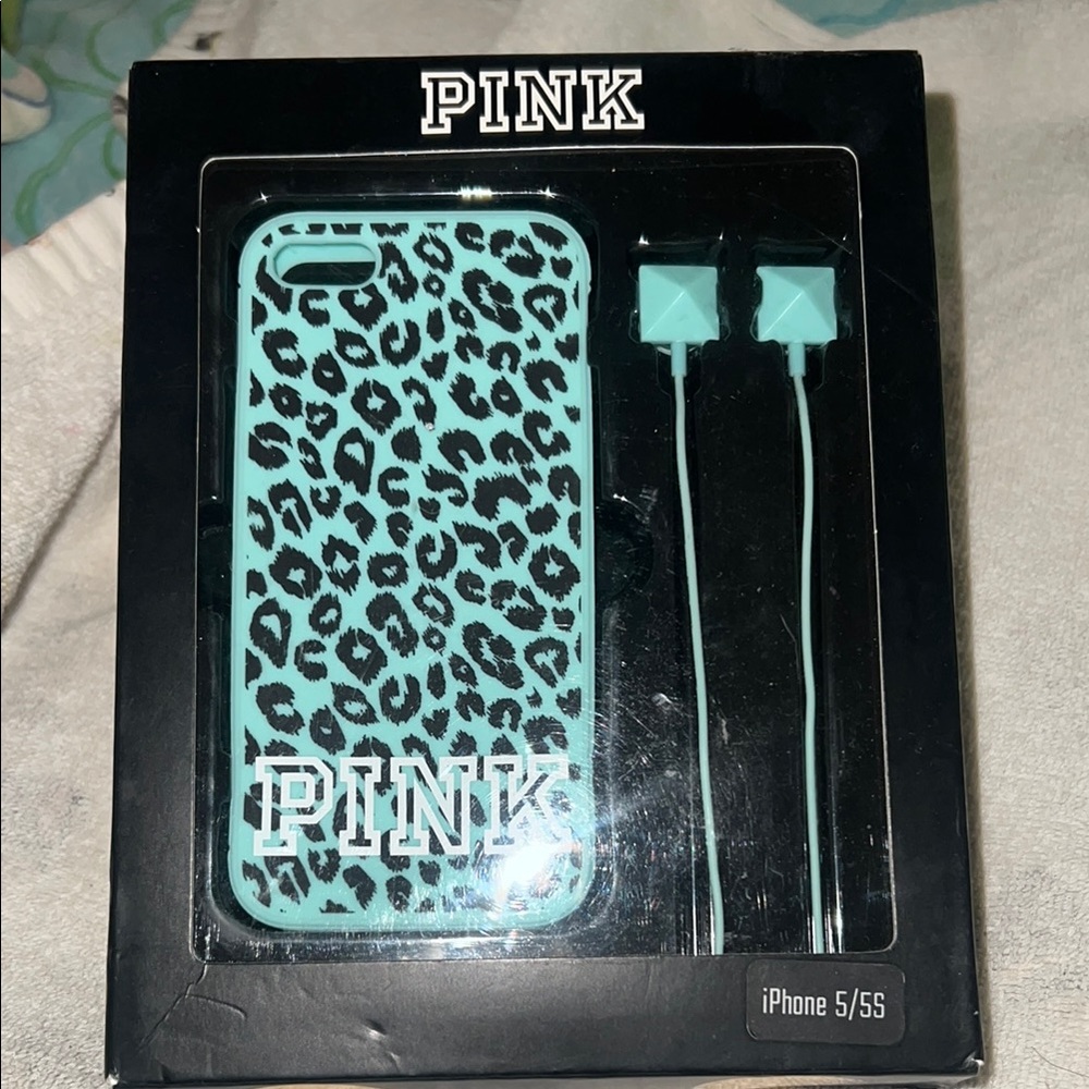 PINK Victoria's Secret Leopard Print Phone Case and Earbuds